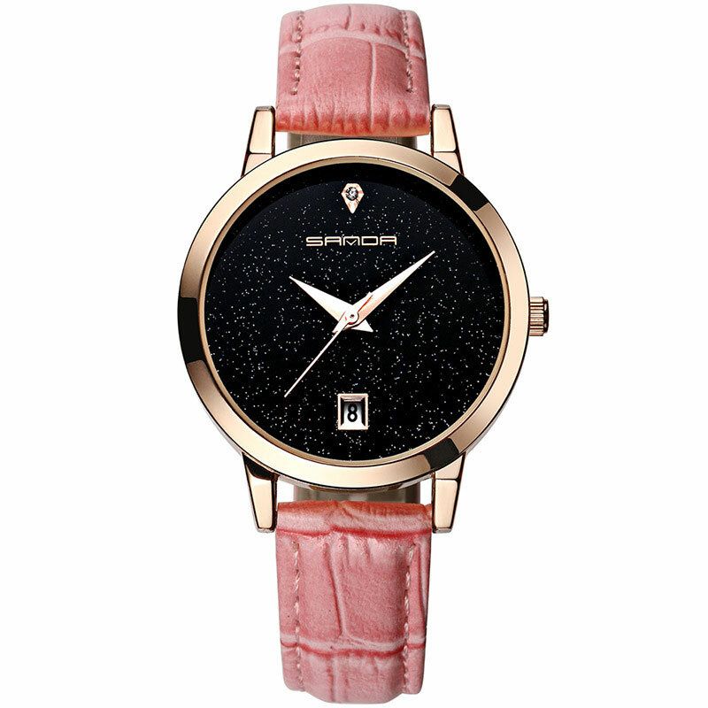 Sanda Moda Correa De Cuero Negro Cielo Estrellado Dial Fecha Pantalla Vestido De Mujer Reloj De Cuarzo Para Mujer