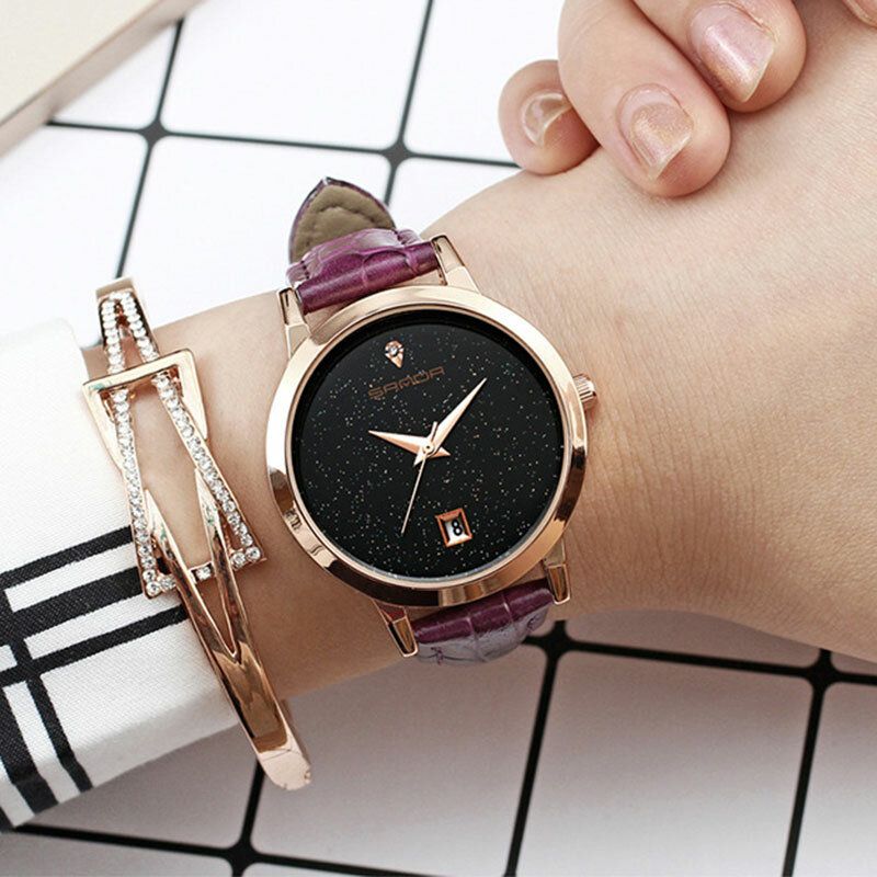 Sanda Moda Correa De Cuero Negro Cielo Estrellado Dial Fecha Pantalla Vestido De Mujer Reloj De Cuarzo Para Mujer