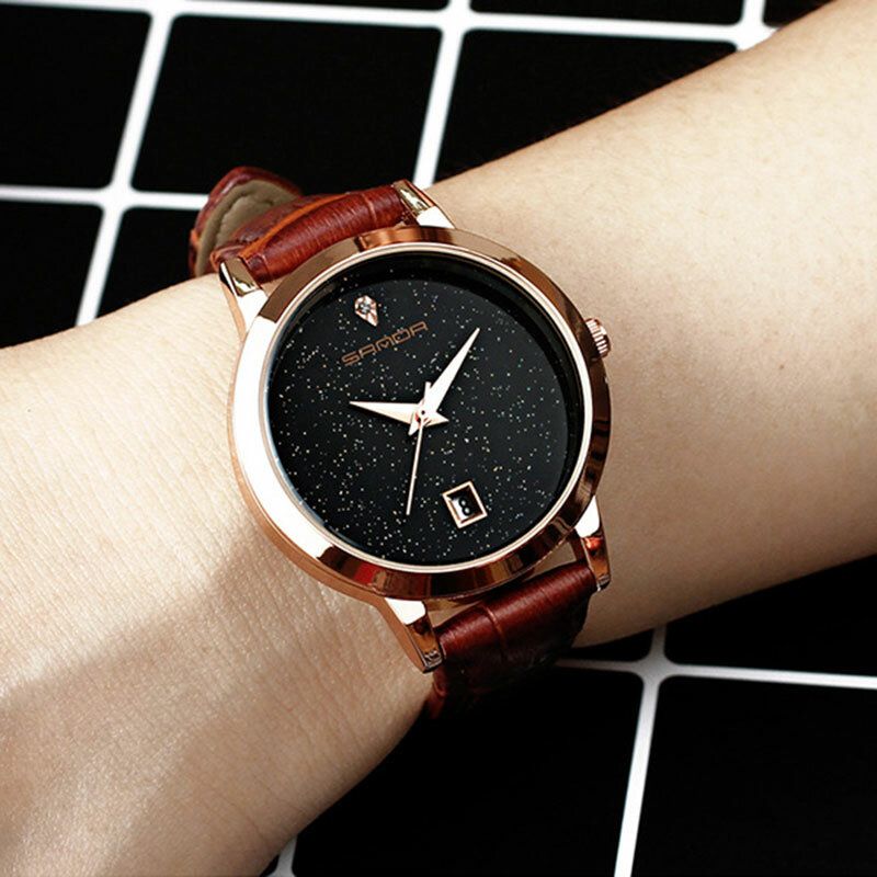 Sanda Moda Correa De Cuero Negro Cielo Estrellado Dial Fecha Pantalla Vestido De Mujer Reloj De Cuarzo Para Mujer