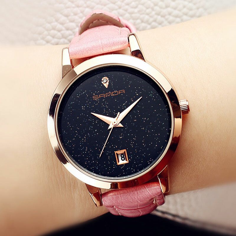 Sanda Moda Correa De Cuero Negro Cielo Estrellado Dial Fecha Pantalla Vestido De Mujer Reloj De Cuarzo Para Mujer