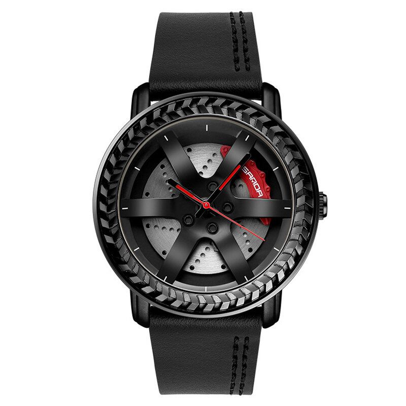 Sanda P1050 Patrón De Rueda Informal 3d Diseño Estereoscópico Ahuecado Correa De Cuero Genuino Reloj De Cuarzo Impermeable Para Hombres