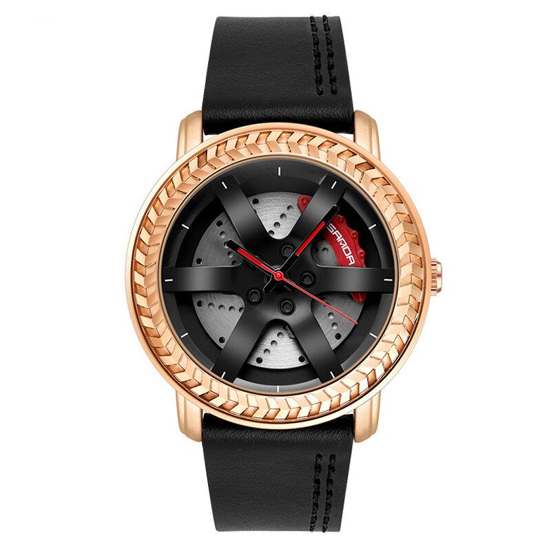 Sanda P1050 Patrón De Rueda Informal 3d Diseño Estereoscópico Ahuecado Correa De Cuero Genuino Reloj De Cuarzo Impermeable Para Hombres