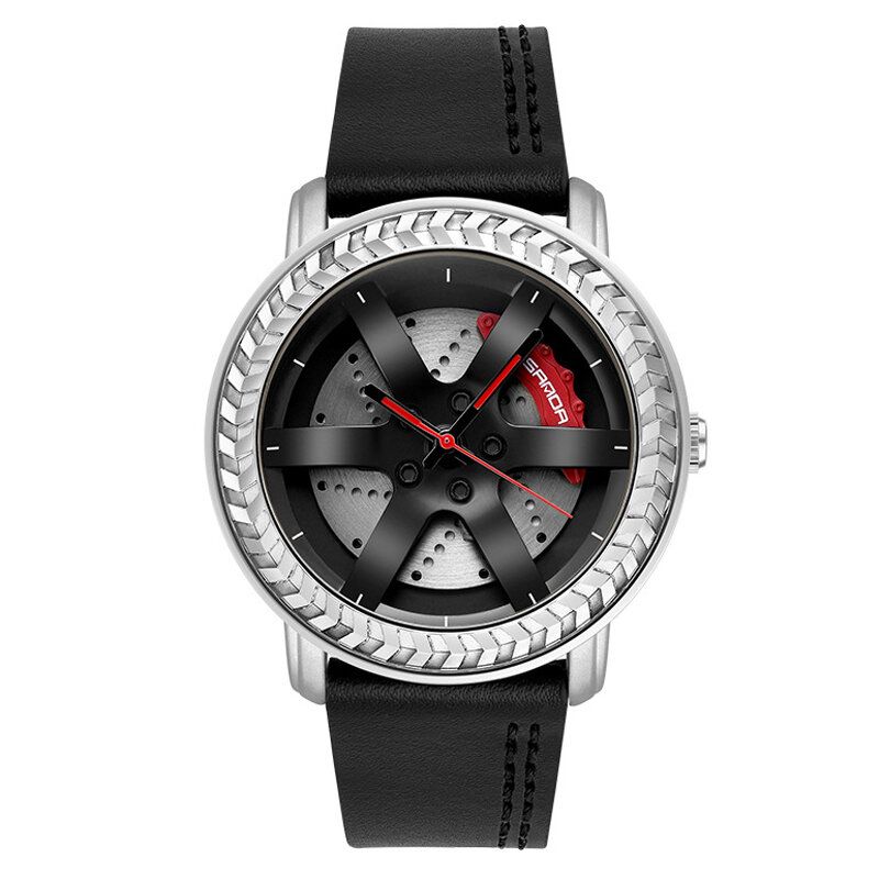 Sanda P1050 Patrón De Rueda Informal 3d Diseño Estereoscópico Ahuecado Correa De Cuero Genuino Reloj De Cuarzo Impermeable Para Hombres