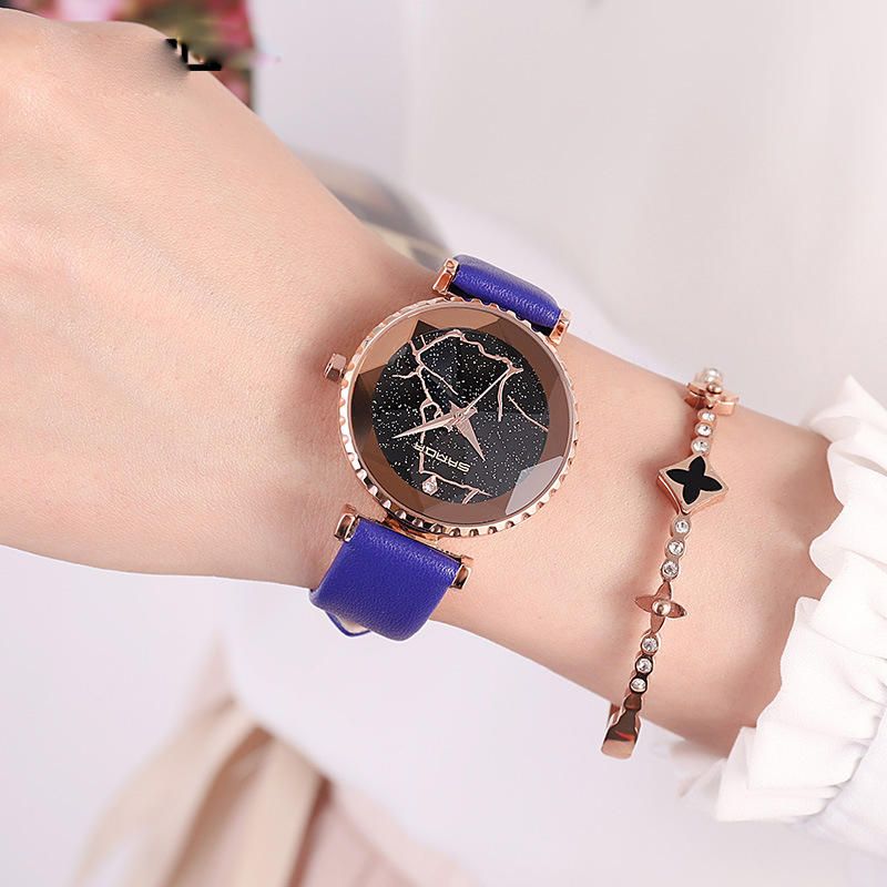 Sanda P231 Reloj De Cuarzo Con Banda De Cuero Con Esfera Transparente Y Estrella De Moda Para Mujer