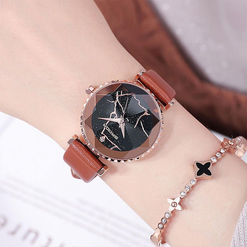 Sanda P231 Reloj De Cuarzo Con Banda De Cuero Con Esfera Transparente Y Estrella De Moda Para Mujer