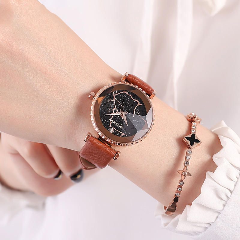 Sanda P231 Reloj De Cuarzo Con Banda De Cuero Con Esfera Transparente Y Estrella De Moda Para Mujer