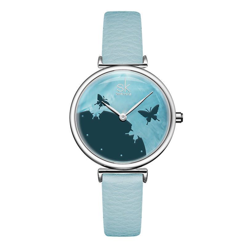 Shengke Sk K0101 Correa De Cuero De Mariposa Concisa Pulsera Femenina De Moda Reloj De Cuarzo De Color Fresco Para Mujer