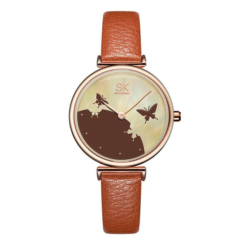 Shengke Sk K0101 Correa De Cuero De Mariposa Concisa Pulsera Femenina De Moda Reloj De Cuarzo De Color Fresco Para Mujer