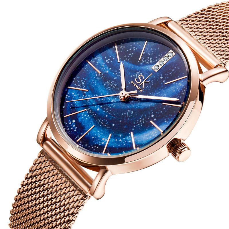 Shengke Sk K0103 Aurora Starry Dial Crystal Mujeres Elegante Correa De Acero De Malla Reloj De Cuarzo