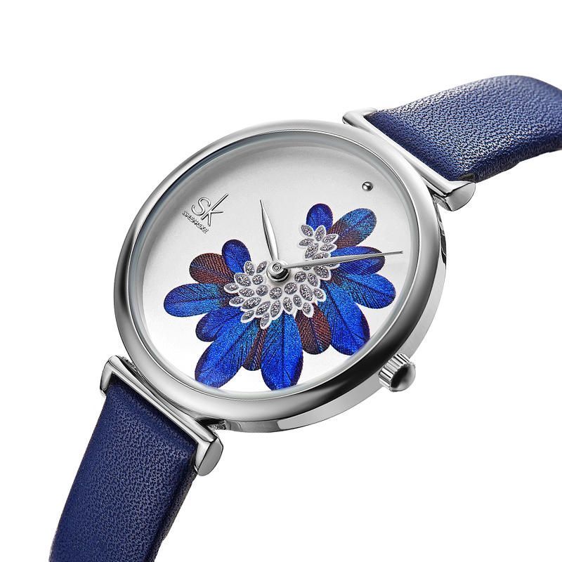 Shengke Sk K0123 Patrón De Hojas Flores De Cristal Moda Femenina Elegante Reloj De Cuarzo De Cuero Para Mujer