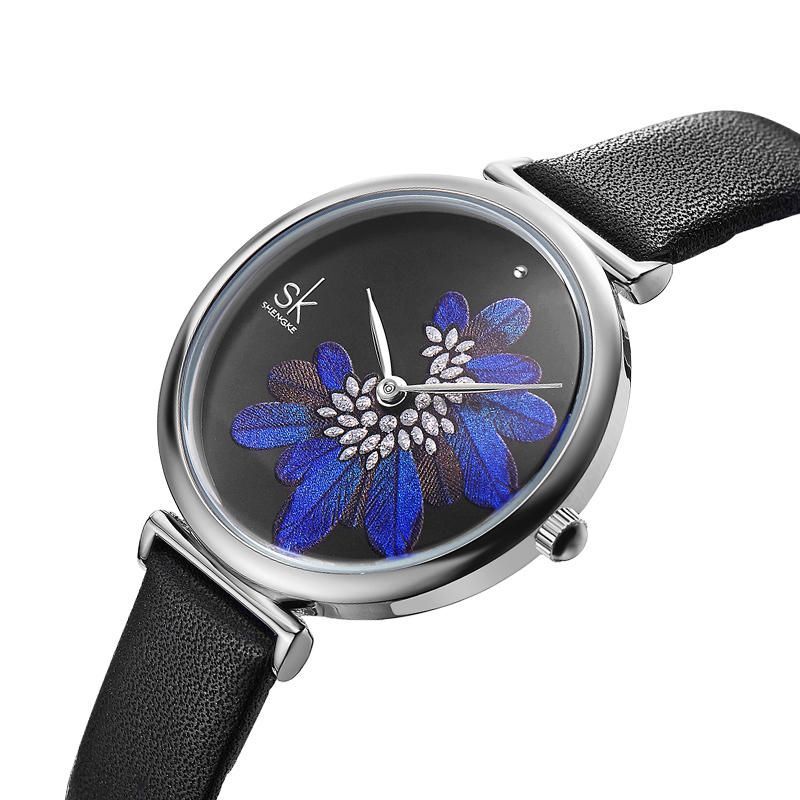 Shengke Sk K0123 Patrón De Hojas Flores De Cristal Moda Femenina Elegante Reloj De Cuarzo De Cuero Para Mujer