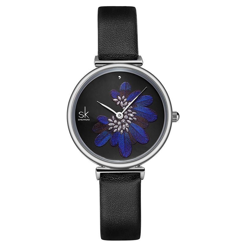 Shengke Sk K0123 Patrón De Hojas Flores De Cristal Moda Femenina Elegante Reloj De Cuarzo De Cuero Para Mujer