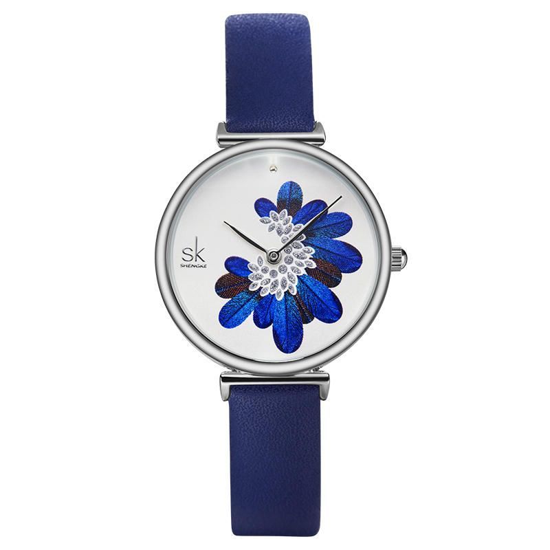 Shengke Sk K0123 Patrón De Hojas Flores De Cristal Moda Femenina Elegante Reloj De Cuarzo De Cuero Para Mujer