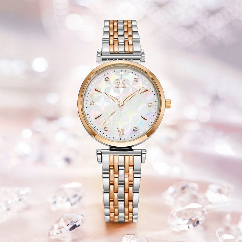 Shengke Sk K0136 Esfera De Cristal Patrón De Flores Vestido De Mujer De Acero Inoxidable Reloj De Cuarzo Para Mujer