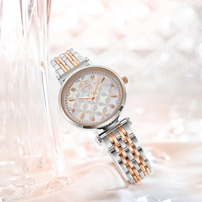 Shengke Sk K0136 Esfera De Cristal Patrón De Flores Vestido De Mujer De Acero Inoxidable Reloj De Cuarzo Para Mujer