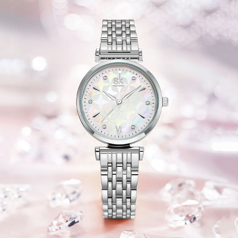 Shengke Sk K0136 Esfera De Cristal Patrón De Flores Vestido De Mujer De Acero Inoxidable Reloj De Cuarzo Para Mujer