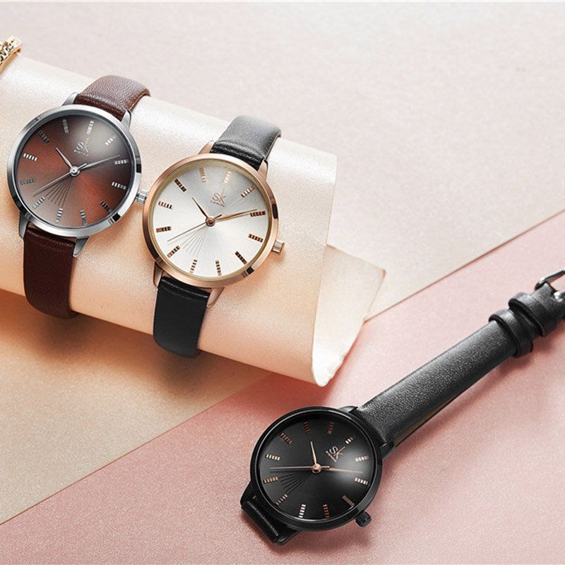 Shengke Sk K9017 Reloj De Cuarzo Para Mujer Con Correa De Cuero De Moda Con Esfera Simple