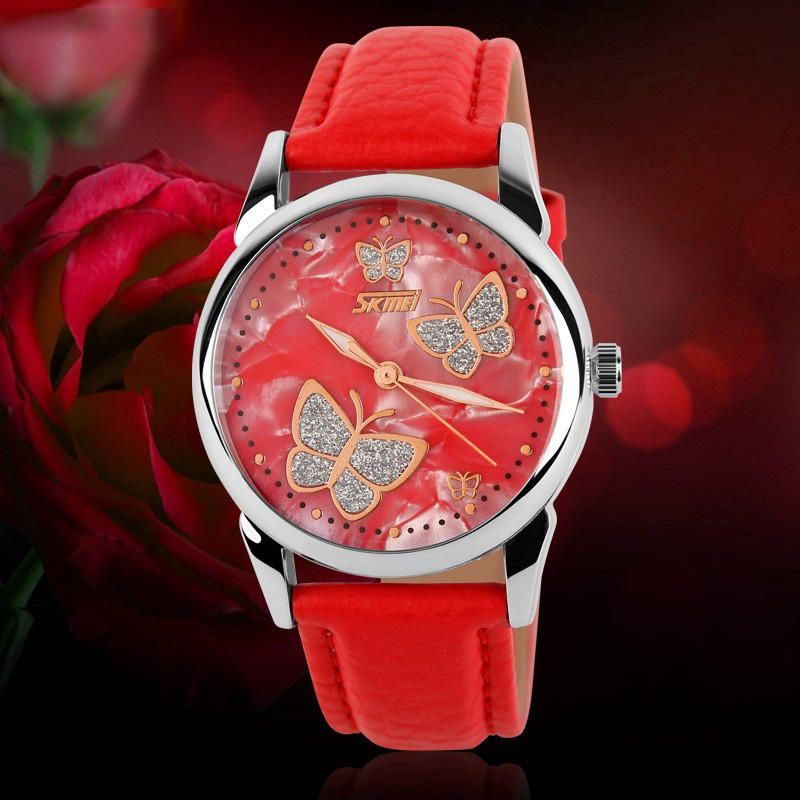 Skmei 9079 Butterfly Pu Leather Band Life Reloj De Pulsera De Cuarzo Resistente Al Agua Para Mujer