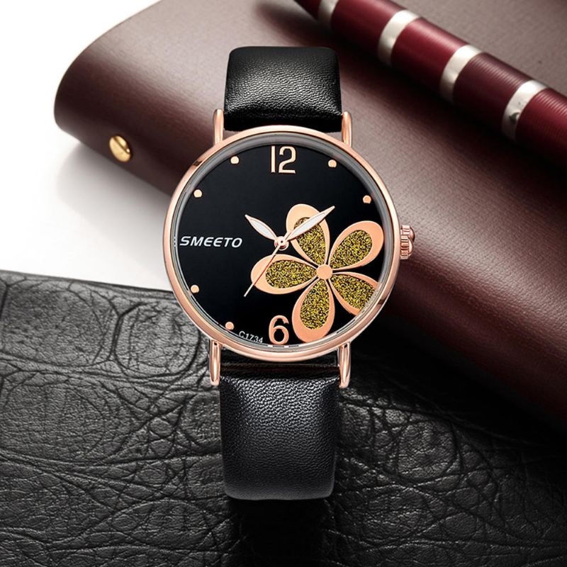 Smeeto C1734 Reloj De Cuarzo Para Mujer Moda Flor Patten Reloj De Pulsera Con Correa De Cuero Con Esfera Simple