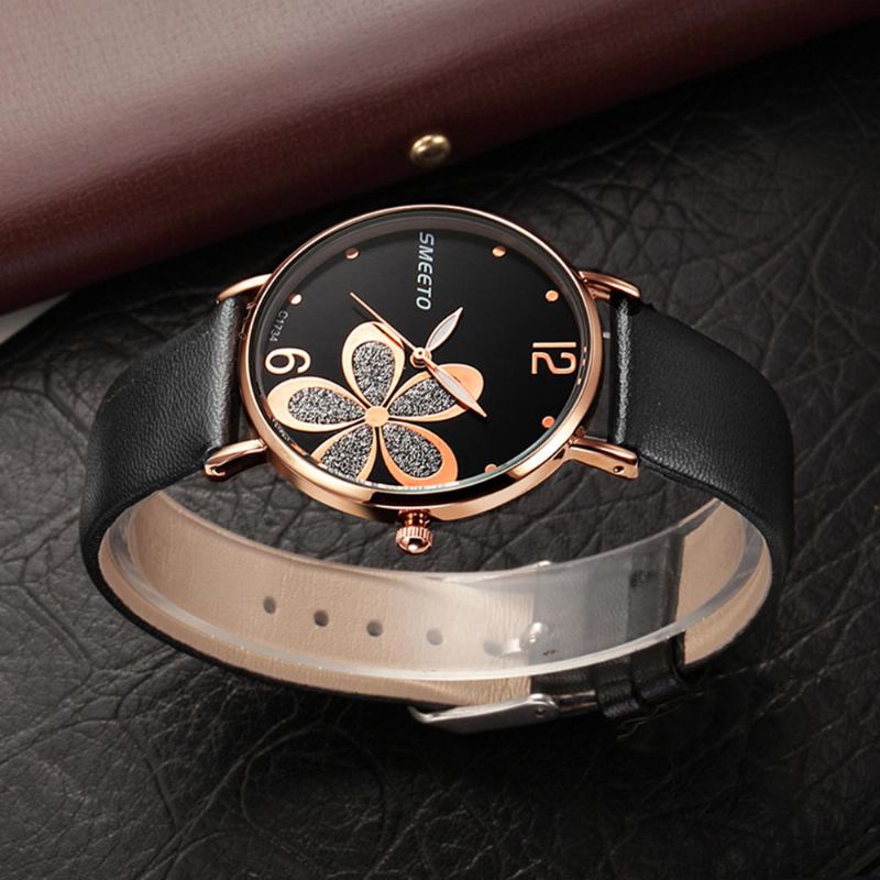 Smeeto C1734 Reloj De Cuarzo Para Mujer Moda Flor Patten Reloj De Pulsera Con Correa De Cuero Con Esfera Simple