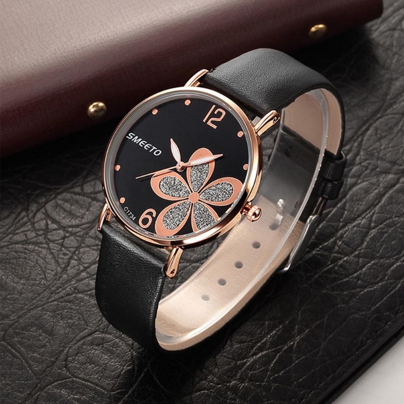 Smeeto C1734 Reloj De Cuarzo Para Mujer Moda Flor Patten Reloj De Pulsera Con Correa De Cuero Con Esfera Simple