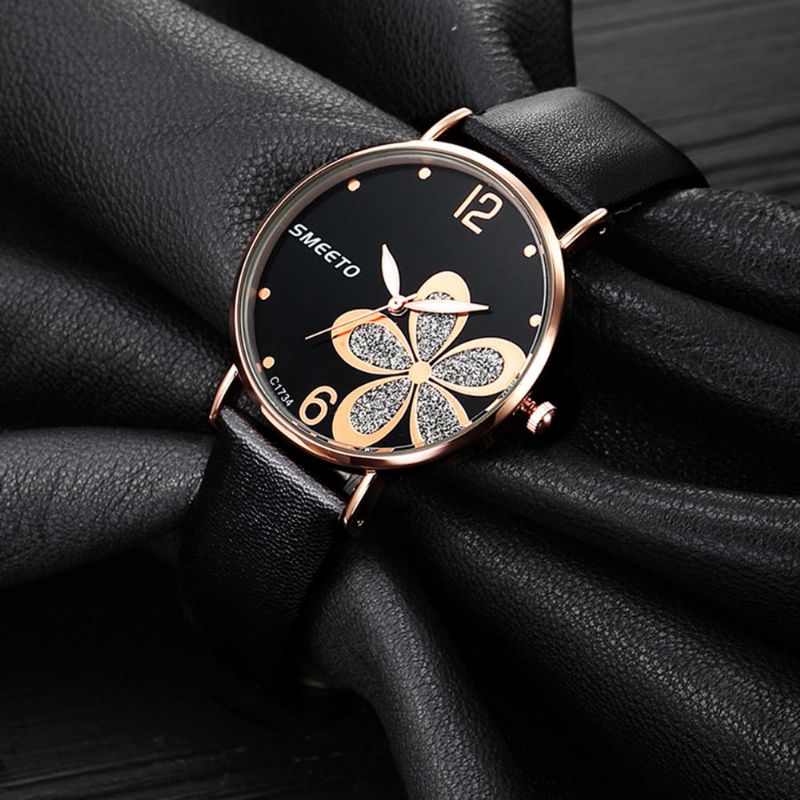 Smeeto C1734 Reloj De Cuarzo Para Mujer Moda Flor Patten Reloj De Pulsera Con Correa De Cuero Con Esfera Simple