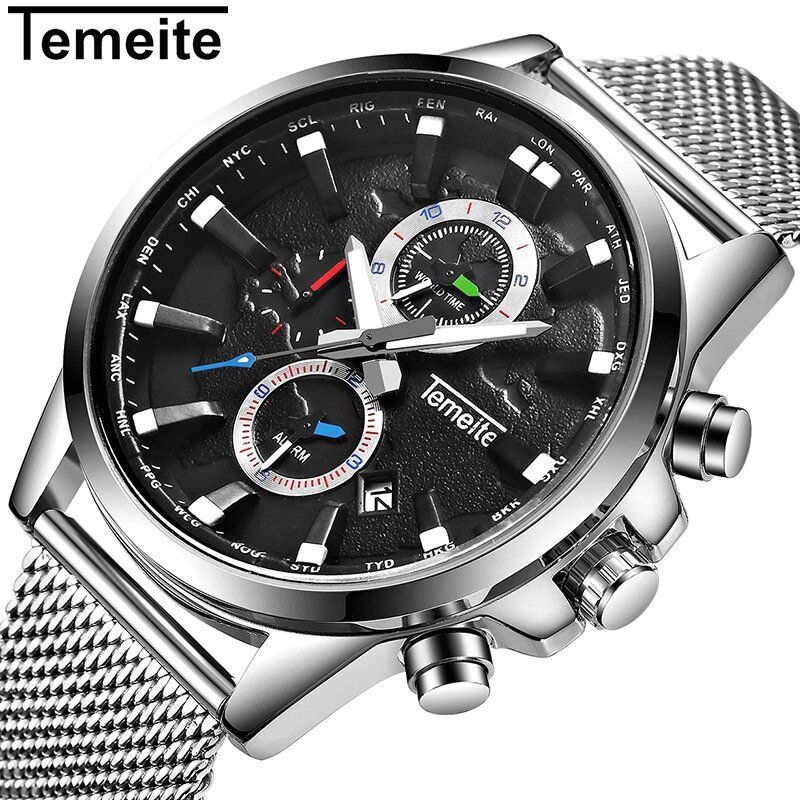 Temeite Reloj De Negocios Para Hombre Cronógrafo Calendario Moda Casual Reloj De Cuarzo Impermeable 3atm