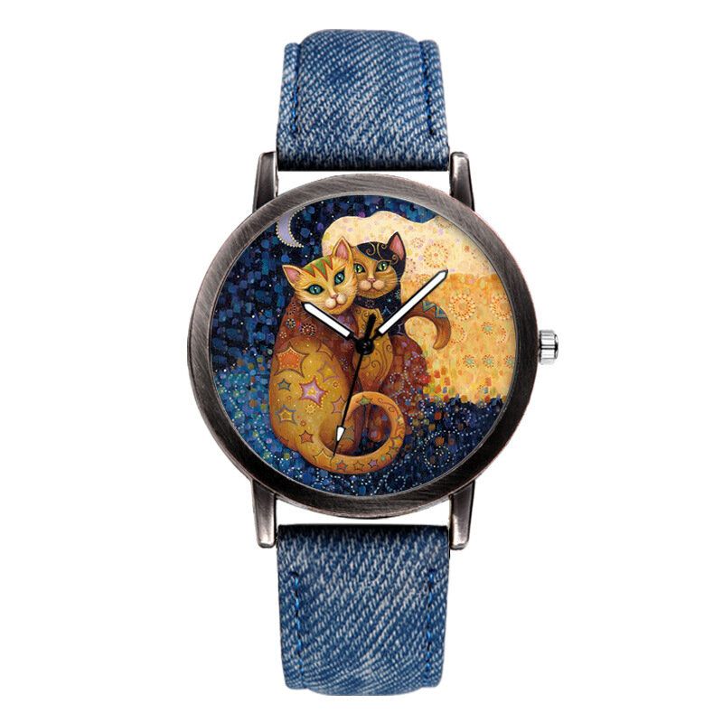 Temperamento Gato De Dibujos Animados Dial En Blanco Reloj De Pulsera De Cuarzo Para Mujer Con Correa De Mezclilla De Todo Partido