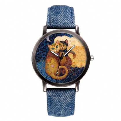 Temperamento Gato De Dibujos Animados Dial En Blanco Reloj De Pulsera De Cuarzo Para Mujer Con Correa De Mezclilla De Todo Partido