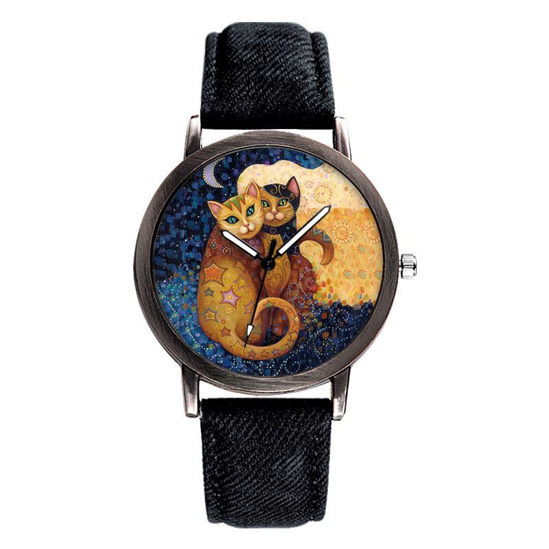 Temperamento Gato De Dibujos Animados Dial En Blanco Reloj De Pulsera De Cuarzo Para Mujer Con Correa De Mezclilla De Todo Partido