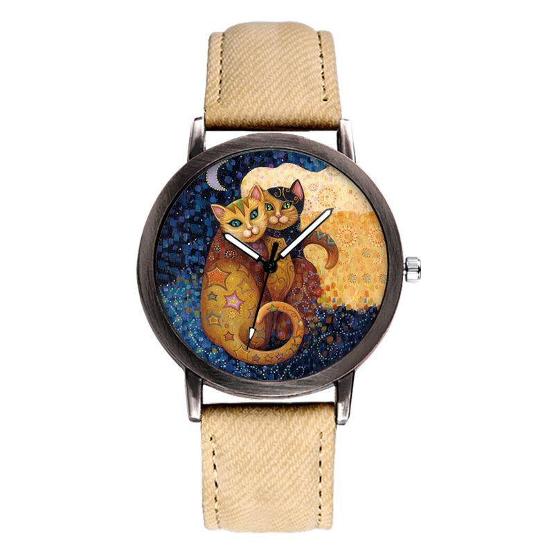 Temperamento Gato De Dibujos Animados Dial En Blanco Reloj De Pulsera De Cuarzo Para Mujer Con Correa De Mezclilla De Todo Partido