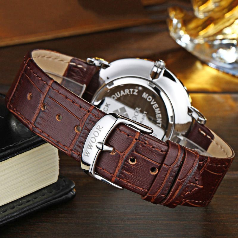 Wwoor 8011 Ultra Thin Casual Style Hombres Reloj De Pulsera Reloj De Cuero Banda Relojes De Cuarzo