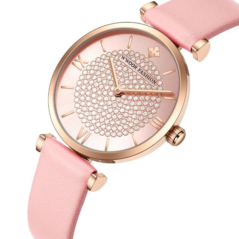 Wwoor 8851 Sky Diamond Dial Reloj De Pulsera Para Mujer Reloj De Cuero Banda Reloj De Cuarzo