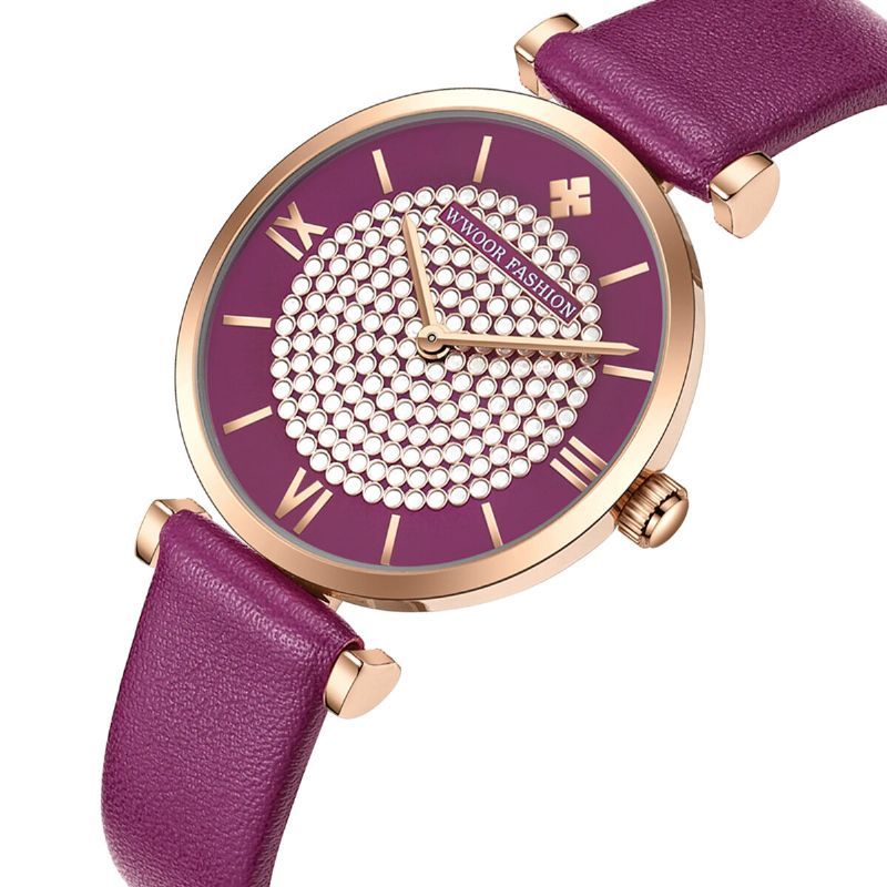 Wwoor 8851 Sky Diamond Dial Reloj De Pulsera Para Mujer Reloj De Cuero Banda Reloj De Cuarzo