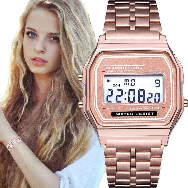 XSvo B03151 Moda Casual 12 24 Horas Pantalla Led Cuenta Atrás Cronómetro Correa De Acero Reloj Digital Impermeable Para Mujer