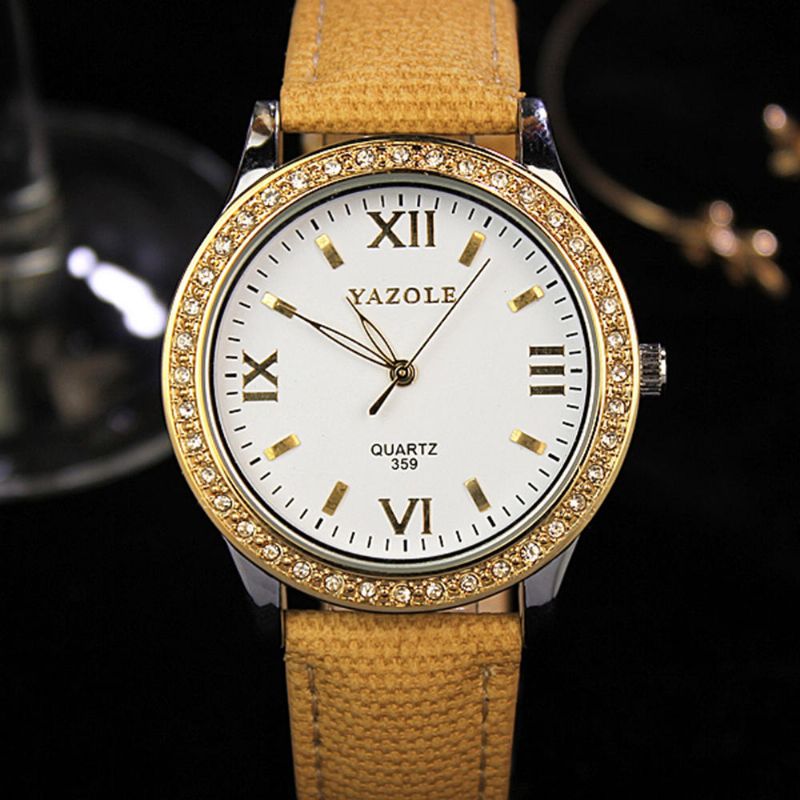 Yazole 359 Reloj De Cuarzo Para Mujer De Moda Reloj De Cuero Genuino De Lujo De Cristal Retro Dorado Reloj De Mujer