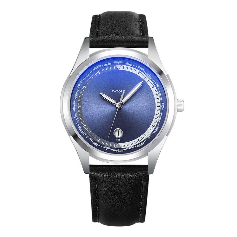 Yazole Fashion Casual Luminous Pointer Con Calendario Dial Correa De Cuero Pu Reloj De Cuarzo Impermeable Para Hombres