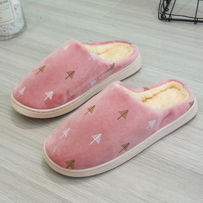 Mujeres Casual Color Sólido Patrón De Árbol Pelusa Cálida Cómodas Zapatillas De Casa Planas