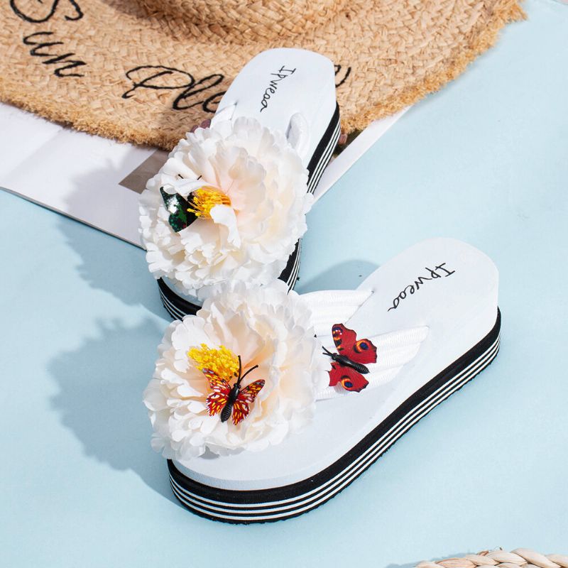 Mujeres Flores Mariposa Decoración Clip Toe Plataforma De Playa Zapatillas