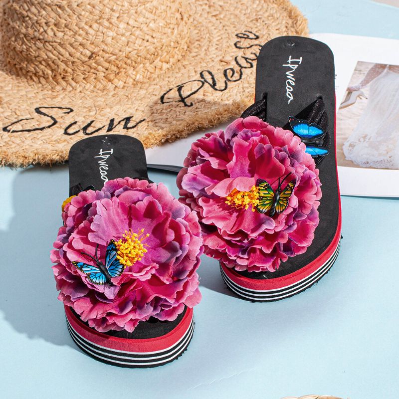 Mujeres Flores Mariposa Decoración Clip Toe Plataforma De Playa Zapatillas