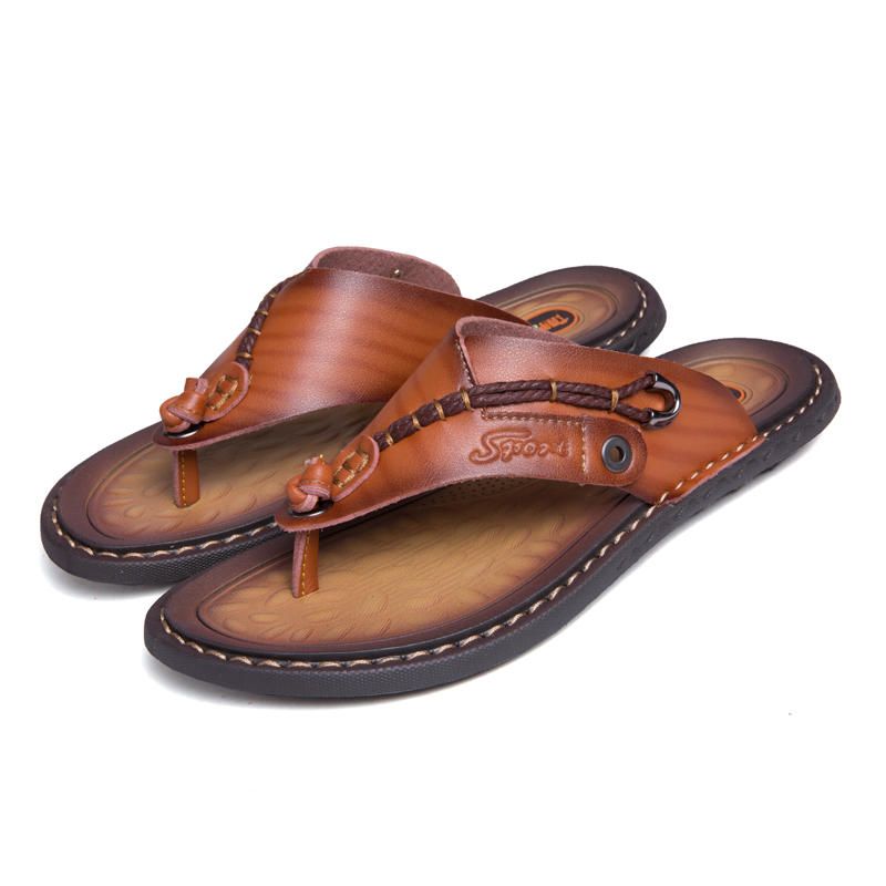 Pantuflas Con Punta De Clip De Playa De Cuero Genuino Informal Suave Para Hombres