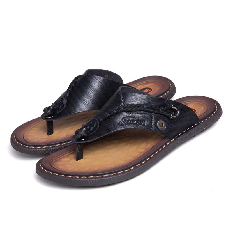 Pantuflas Con Punta De Clip De Playa De Cuero Genuino Informal Suave Para Hombres