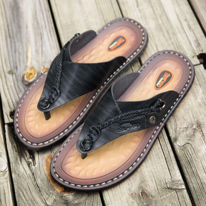 Pantuflas Con Punta De Clip De Playa De Cuero Genuino Informal Suave Para Hombres