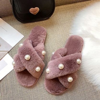 Pantuflas De Felpa De Invierno Informales Con Forro Cálido Con Incrustaciones De Perlas Para Mujer