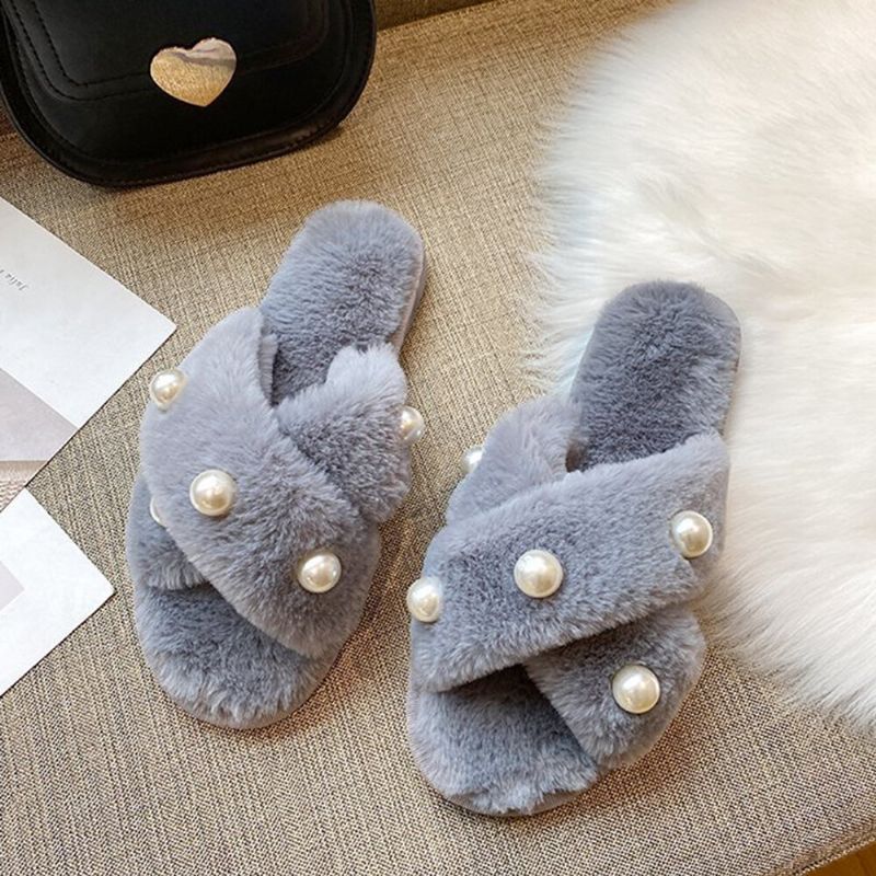 Pantuflas De Felpa De Invierno Informales Con Forro Cálido Con Incrustaciones De Perlas Para Mujer