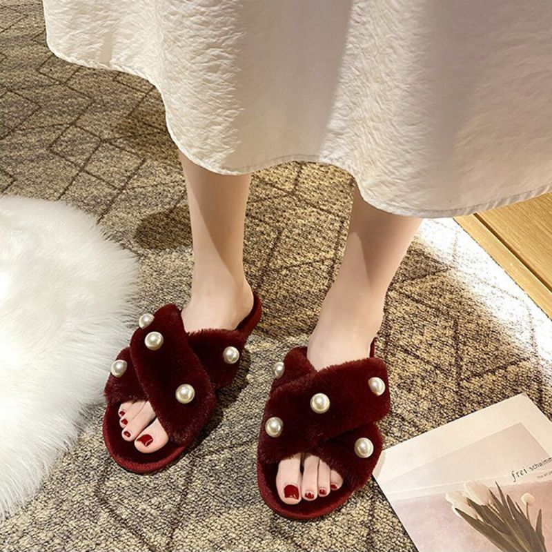 Pantuflas De Felpa De Invierno Informales Con Forro Cálido Con Incrustaciones De Perlas Para Mujer