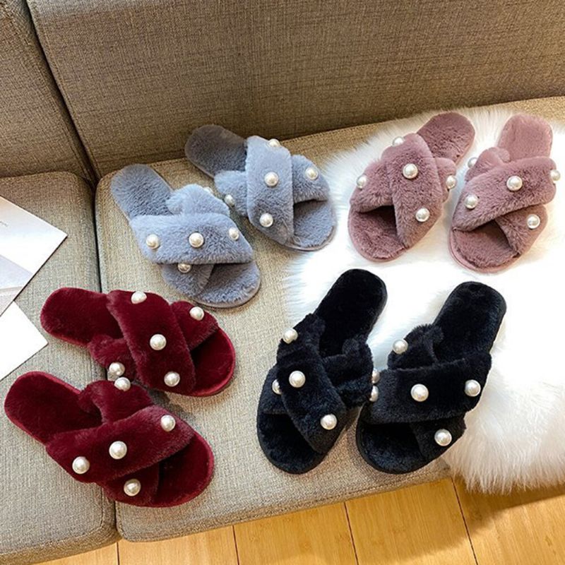 Pantuflas De Felpa De Invierno Informales Con Forro Cálido Con Incrustaciones De Perlas Para Mujer