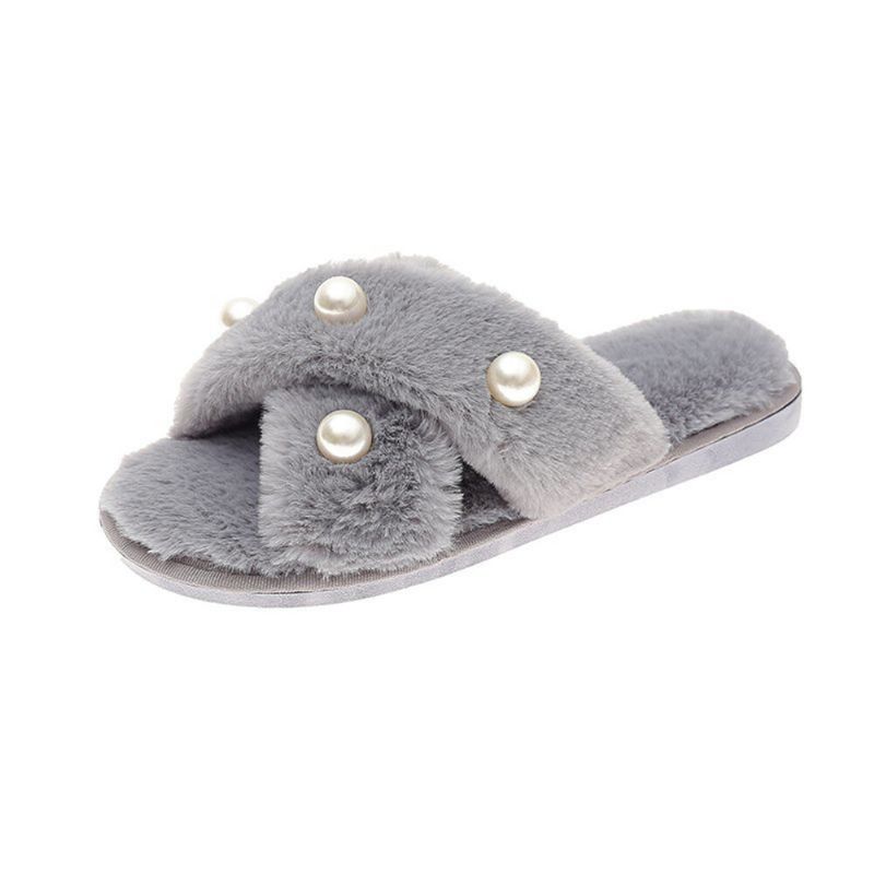 Pantuflas De Felpa De Invierno Informales Con Forro Cálido Con Incrustaciones De Perlas Para Mujer