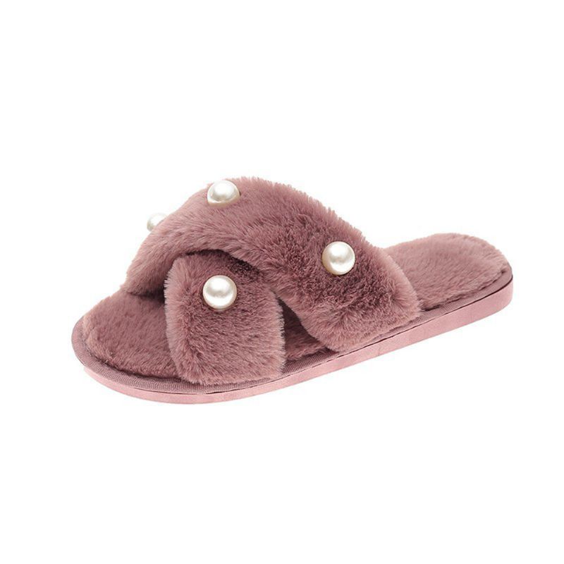 Pantuflas De Felpa De Invierno Informales Con Forro Cálido Con Incrustaciones De Perlas Para Mujer