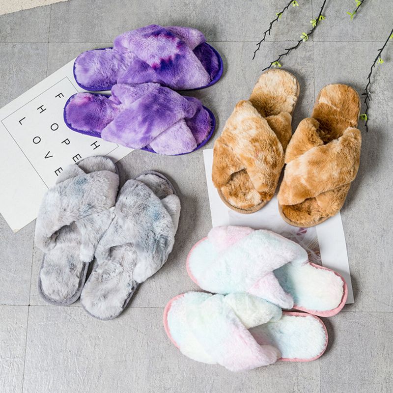 Pantuflas De Felpa Para El Hogar De Invierno Con Cinturón Cruzado De Color Sólido Para Mujer